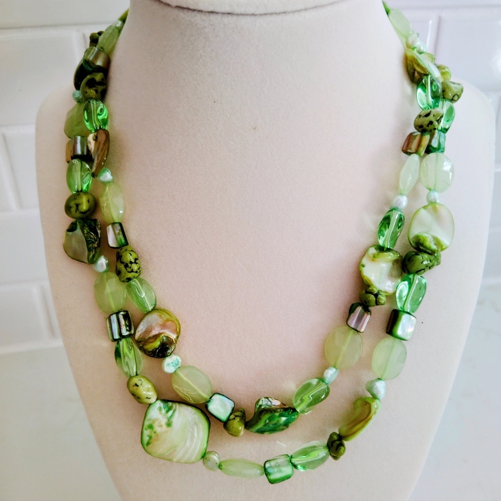 Two-strand Green Acrylic Beads and Shell Necklace